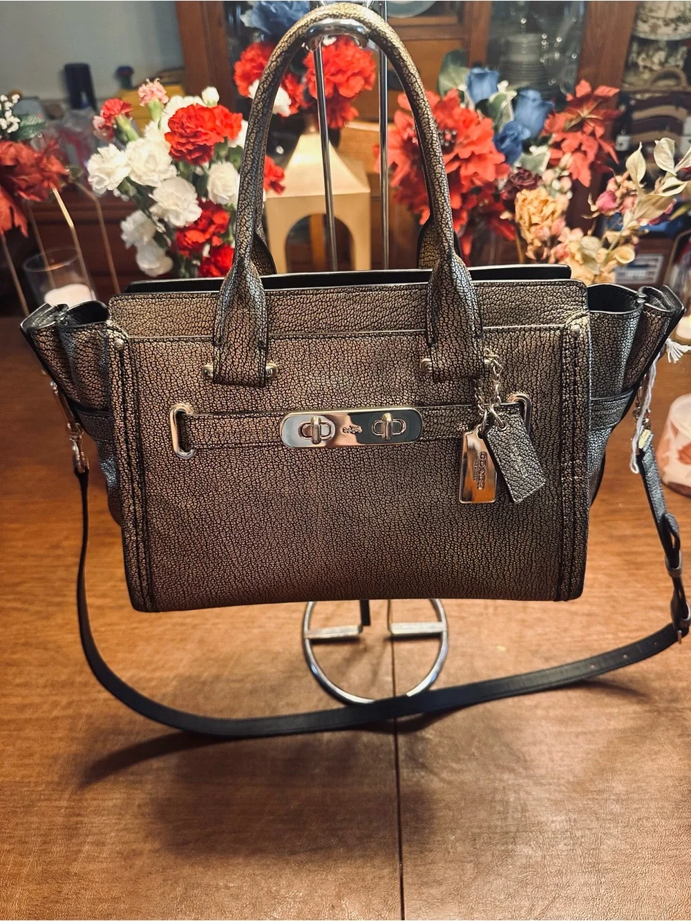 Coach Swagger 27 in Metallic Bronze Pebble Leather with Gunmetal Hardware